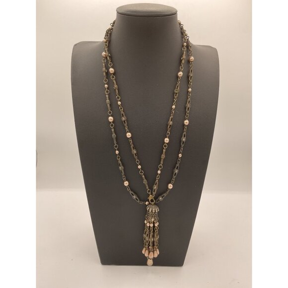 Vintage Faux Pearl Metal Link Necklace Tassel Pendant Elegant Statement Jewelry - Picture 1 of 4